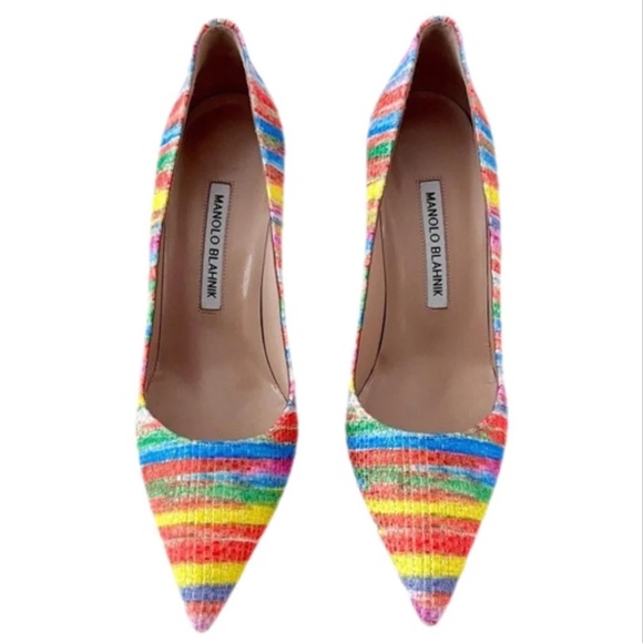 MANOLO BLAHNIK | BB Striped Colorful Rainbow Pointed Pumps Heels EU 37.5 - Picture 2 of 9